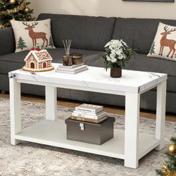 Coffee Table 40" Faux Marble White Oak 2-Tier Rectangle Thickened Wooden Table  (Classic White Oak)