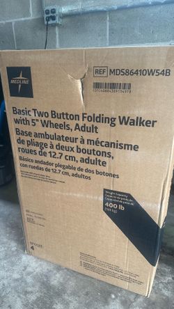 Medline Walker, 2 button folding walker with 5 wheels, wt capacity 400lbs