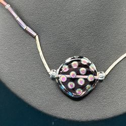 Millefiori Necklace  3 Purple Flat Beads Tubular Beads 22” Long Elegant 