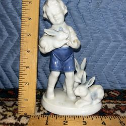 Vintage Porcelain Sculpture West Germany Boy With Rabbits