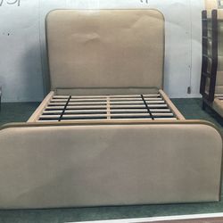 New Queen size platform bed fabric upholstered. Taupe/ light brown