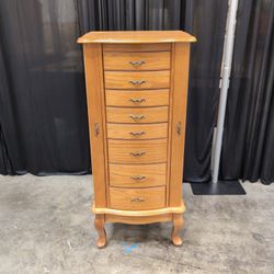 Oak Finish Eight-Drawer Standing Jewelry Armoire