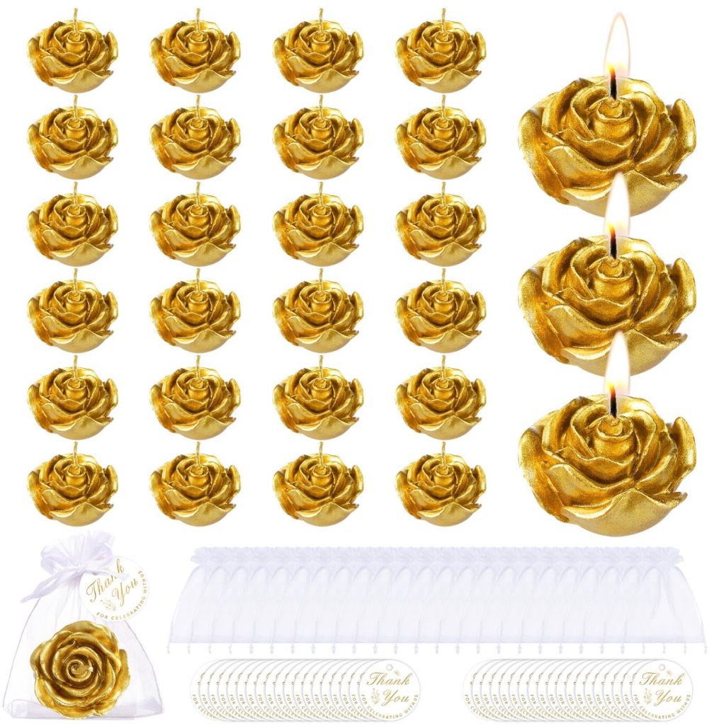 Treela 24 Set Flower Candles Wedding Favor for Guests Mini Gold Rose Shaped Tealight Candles for Return Gift Wedding Birthday Bridal Shower Housewarmi