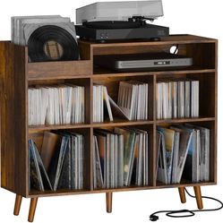   Record Player Stand, Turntable Shelf with Vinyl Storage up to 500 Albums, Vinyl Record Player Shelf with Power Outlet Sideboard Buffet Cabi