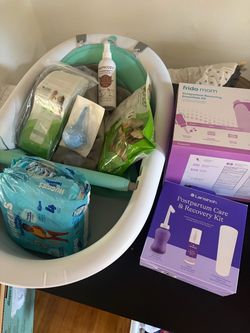 Frida postpartum kit, baby tub, postpartum supplies, diapers