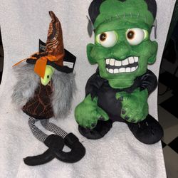 2 Halloween decorations witch gnome Frankenstein As-is Selling as a display item 