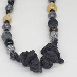Lava, Citrine, Black Agate, Snowflake Obsidian, Matte Onyx & Iridescent Glass Beaded Necklace