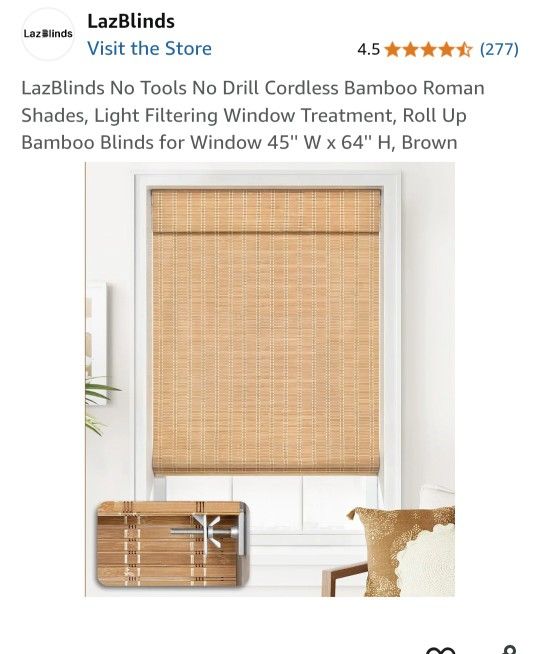 No Tools No Drill Cordless Bamboo Roman Shades