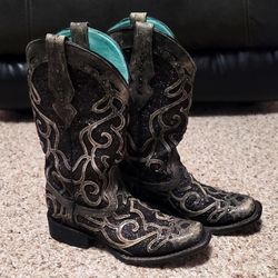 Woman's Corral C3484 Black Glitter Inlay Square Toe Pull On Western Boots