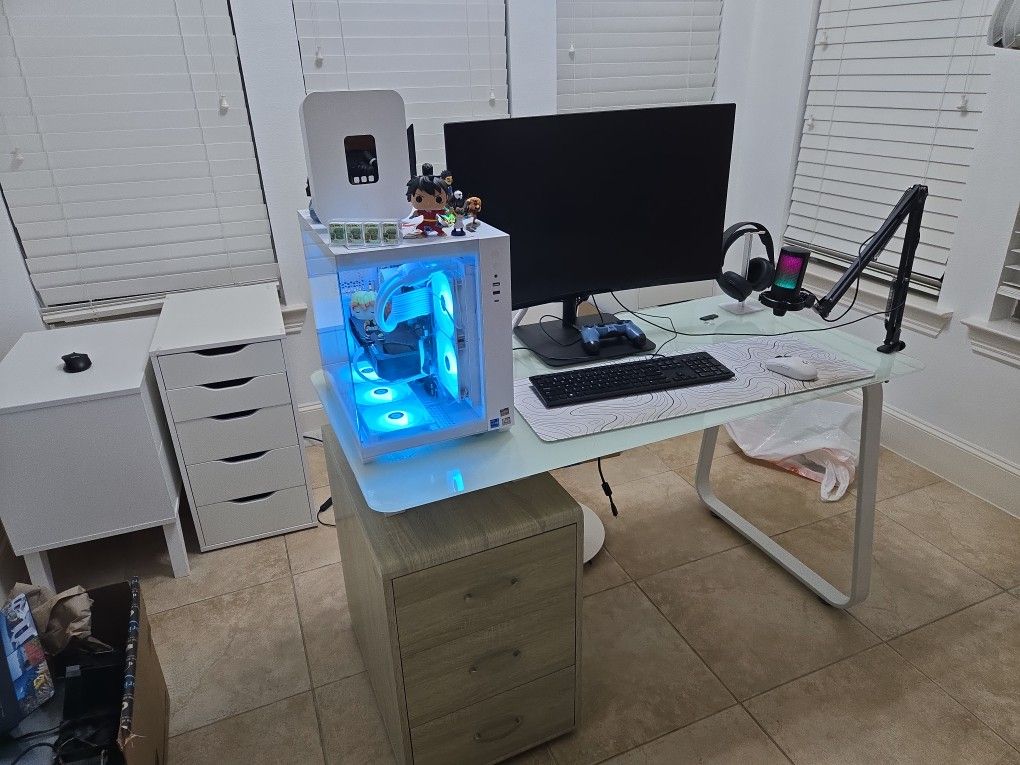 Modern Office Or Gaming Desk Made With White Tempered Glass Top, Metal Legs And Wooden Drawers