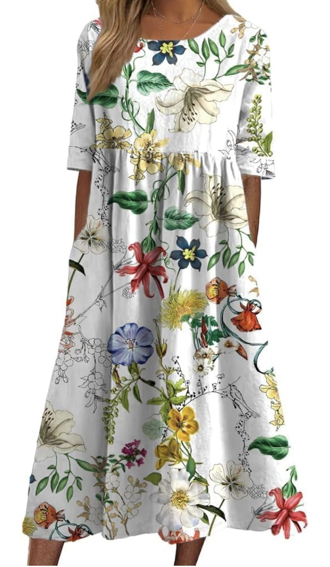 Boho Floral Dresses for Women Casual Crew Neck Short Sleeve Midi Dress Summer Loose Flowy Dress with Pockets  Size M  Brand new 