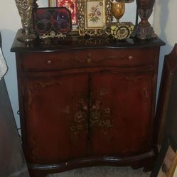 VINTAGE HAND PAINTED FLORAL FLOWER ROSE MARBLE TOP CABINET SHELF STORAGE ACCENT SIDE CONSOLE OCCASIONAL TABLE