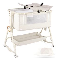 Baby Bassinets Bedside Sleeper 5 in 1,Bedside Bassinet for Baby with Mattress,Diaper changer, Storage Layer,Mosquito Net,7-level adjustable height , o