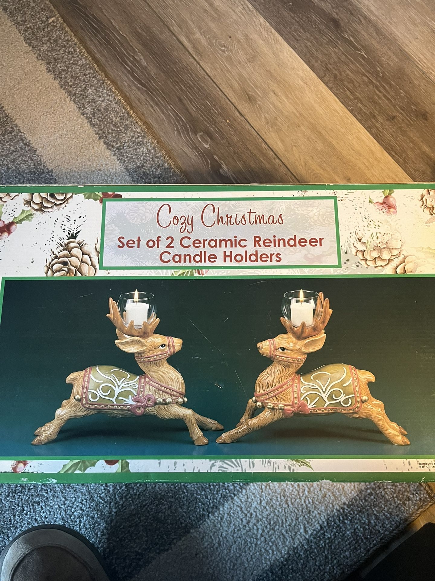 2 Ceramic Reindeer Candle Holders (New)