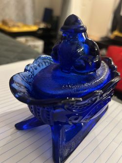 Vintage Westmoreland Cobalt Blue Santa & Sleigh Glass Trinket Candy Dish