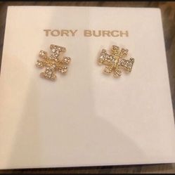 Tory Burch gold crystal double T logo stud earrings 