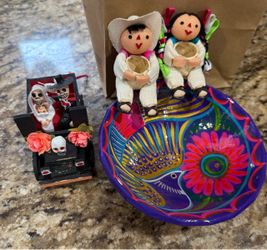 Mexican Folk Art Figurines and Painted Bowl Set