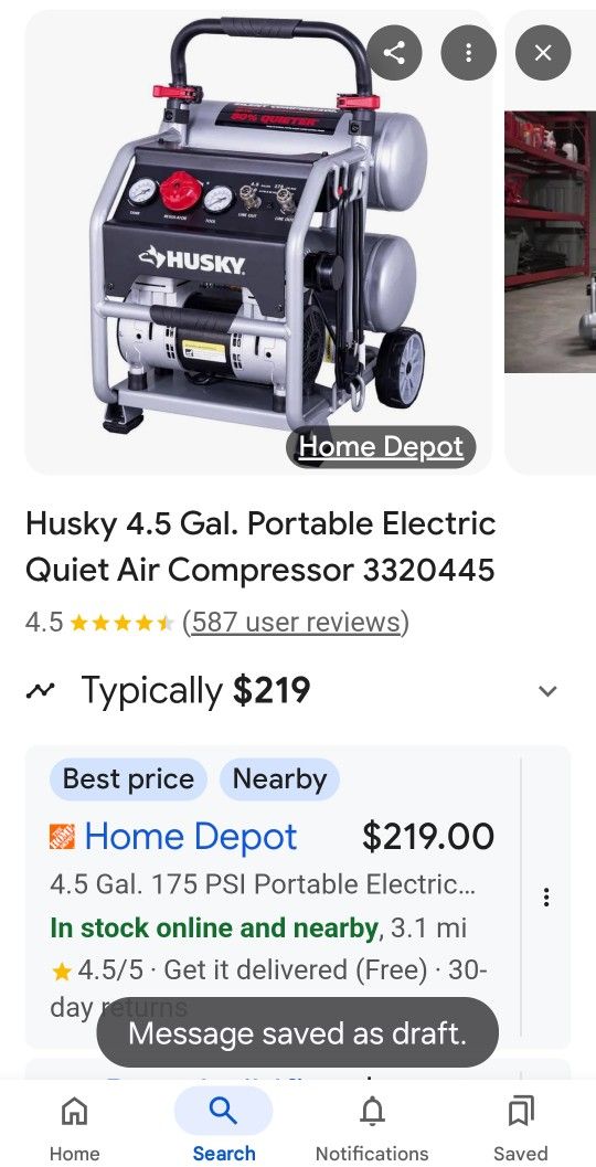 Husky Doubke Tank Electric Quiet Compressor $125.00