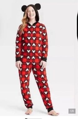 Red and black plaid Mickey Mouse onesie with white Mickey Mouse head silhouettes #disney #onesie I have size small and size large adult  both used l $