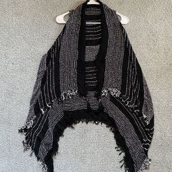 Kensie Black/White Women's Chunky Knit Fringe Sleeveless Open Cardigan Size Medium