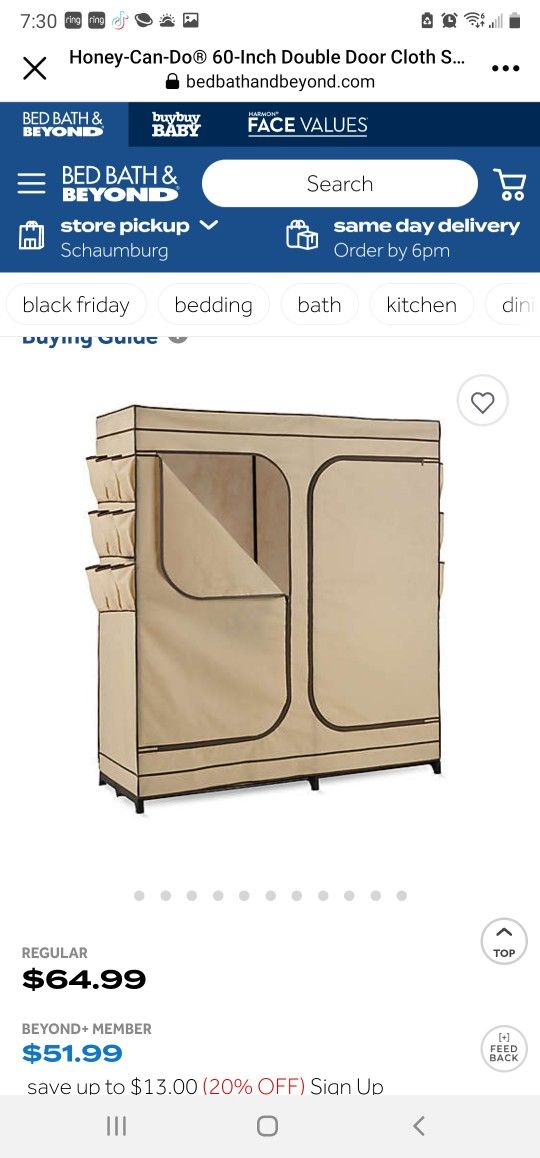 60-Inch Double Door Cloth Storage Wardrobe with Shoe Organizer in Khaki