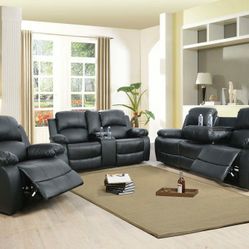 Brand New Black Leather 3pc Reclining Set With Storage Compartments A Drop Down Table & Built In Cup Holders 