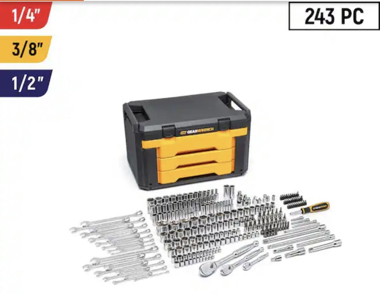 GEARWRENCH 1/4 in., 3/8 in. and 1/2 in. Drive 6-Point SAE/Metric Mechanics Tool Set in 3-Drawer Storage Box (243-Piece
