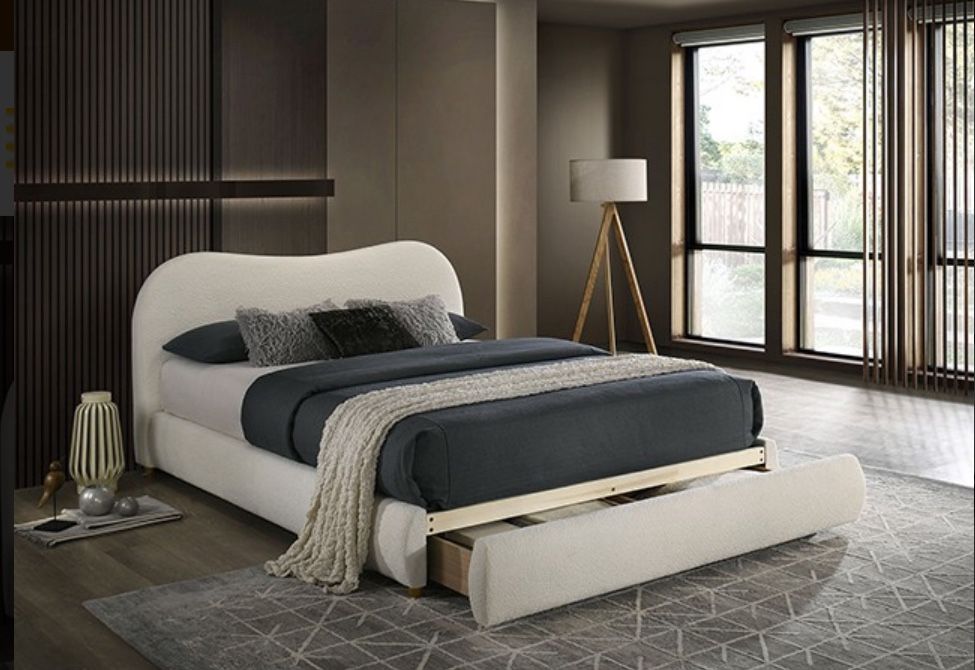 - Platform Bed With Storage Drawer- Modern Style Velvet Boucle Fabric -