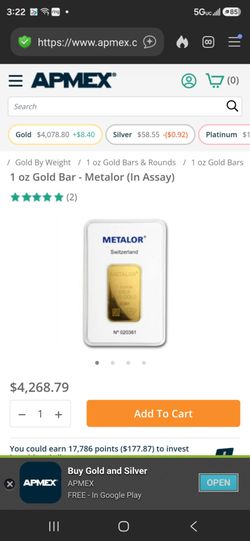1oz .9999 Fine Metalor gold bars for sale