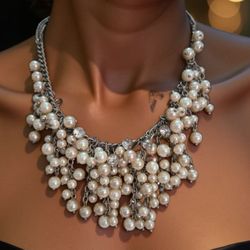LOFT Statement Chunky Bib Necklace Faux Pearls + Rhinestones 16-18”