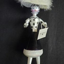 Vtg Signed Piera C Blown Glass Ornament Lady In Black&White Polka Dot Dress8.25"