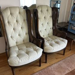 Set of 2 VINTAGE HOLLYWOOD REGENCY CANE WING BACK ARM CHAIRS TUFTED FRENCH MID CENTURY