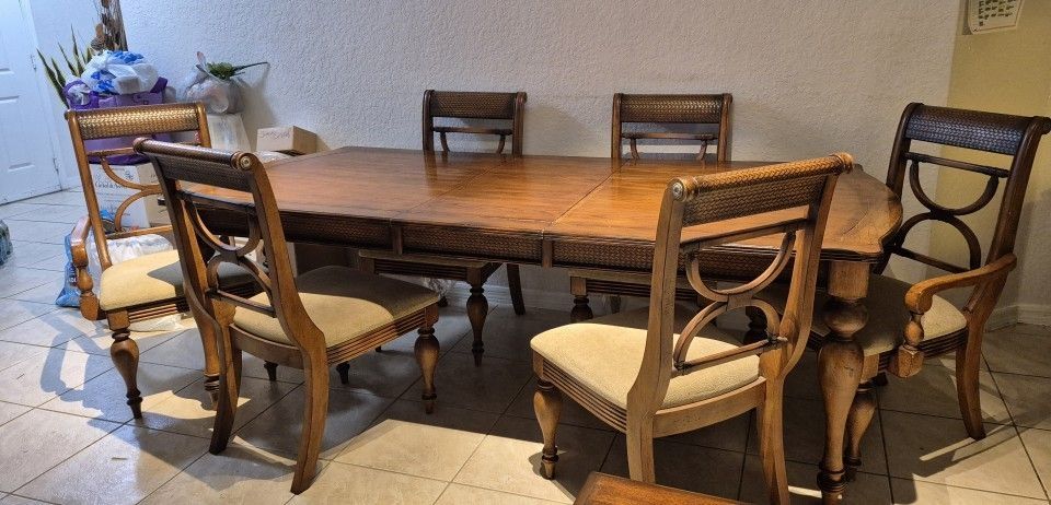 6-Seater Solid Wood Dining Table Set - Includes Leaf + 6 Chairs