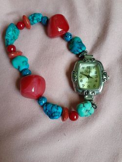 Womens turquoise and plastic bead bracelet watch