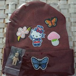 Hello Kitty Beanie Hat; Burgundy Crimson Maroon, One Size Fits Most