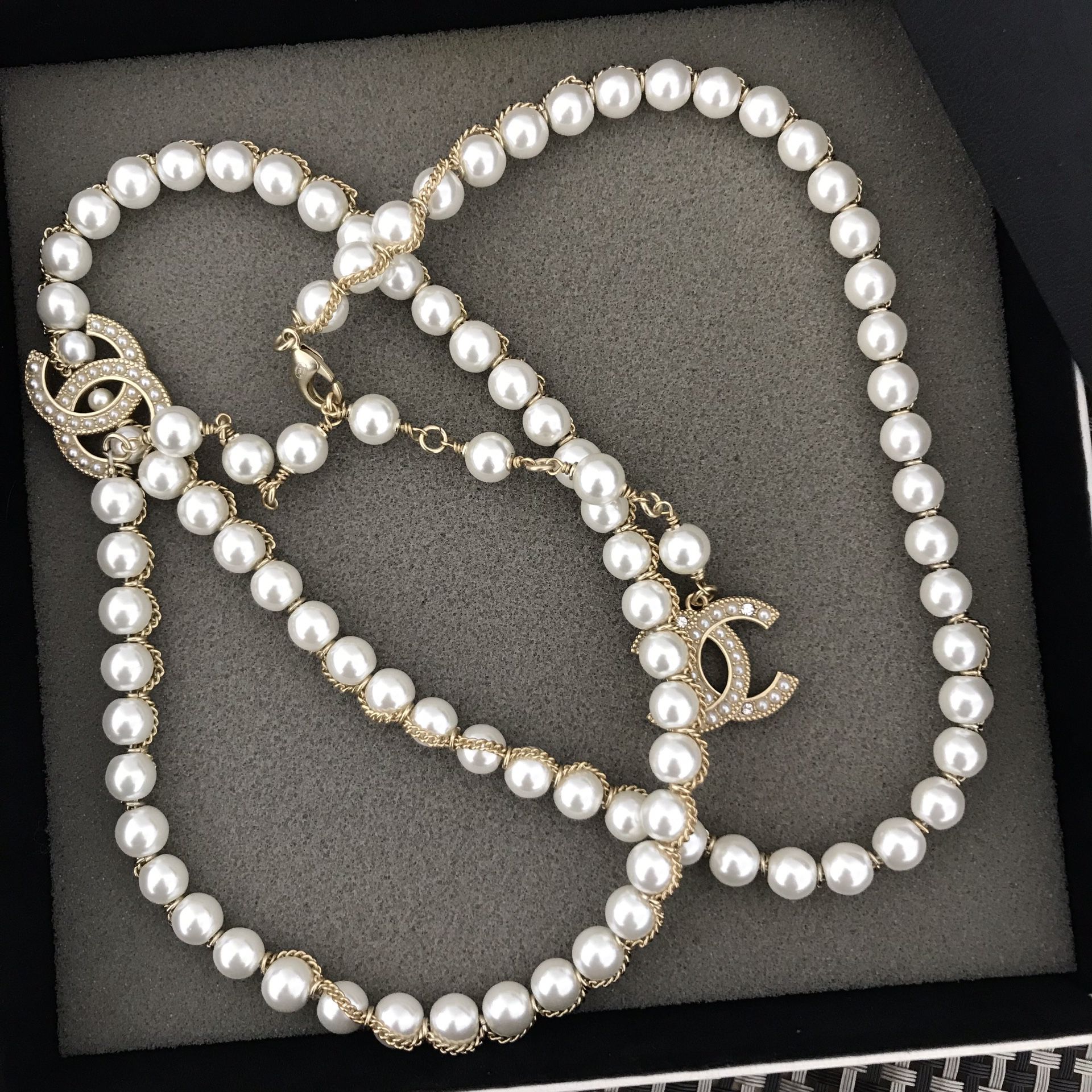 Authentic Chanel CC logo light gold pearl long necklace sweater chain for  Sale in Albuquerque, NM - OfferUp