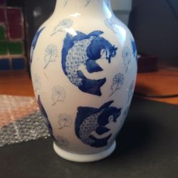 White Vase With Blue Flowers And Koi Fish