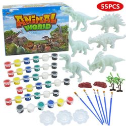 55Pcs Kids Dinosaur Painting Kit DIY Crafts Painting Dinosaur Graffiti Toys 3D Animals Model Kids Gift