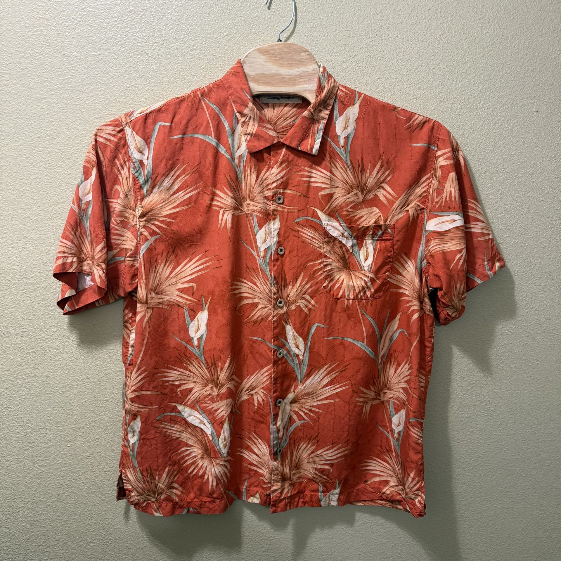 Men’s XL Tommy Bahama 100% Silk Orange Tropical Floral Hawaiian Shirt