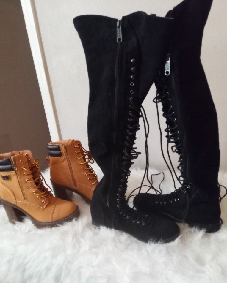 Women's Brown Los Angeles Ankle Boots& Black Knee High Flat Boots