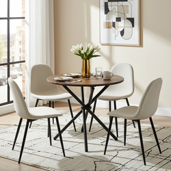 Homy Casa FONTANA+CHARLTON 5PC Dining Set 31.5” Round Dark Walnut Table with 4 Charlton Barrel Beige Fabric Chairs