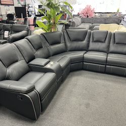 Gray Leather Sofa Sectional 3x Recliners