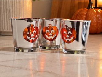 Set of 3 Halloween Pumpkin Jack-O’-Lantern Red Glass Votive Candle Holders