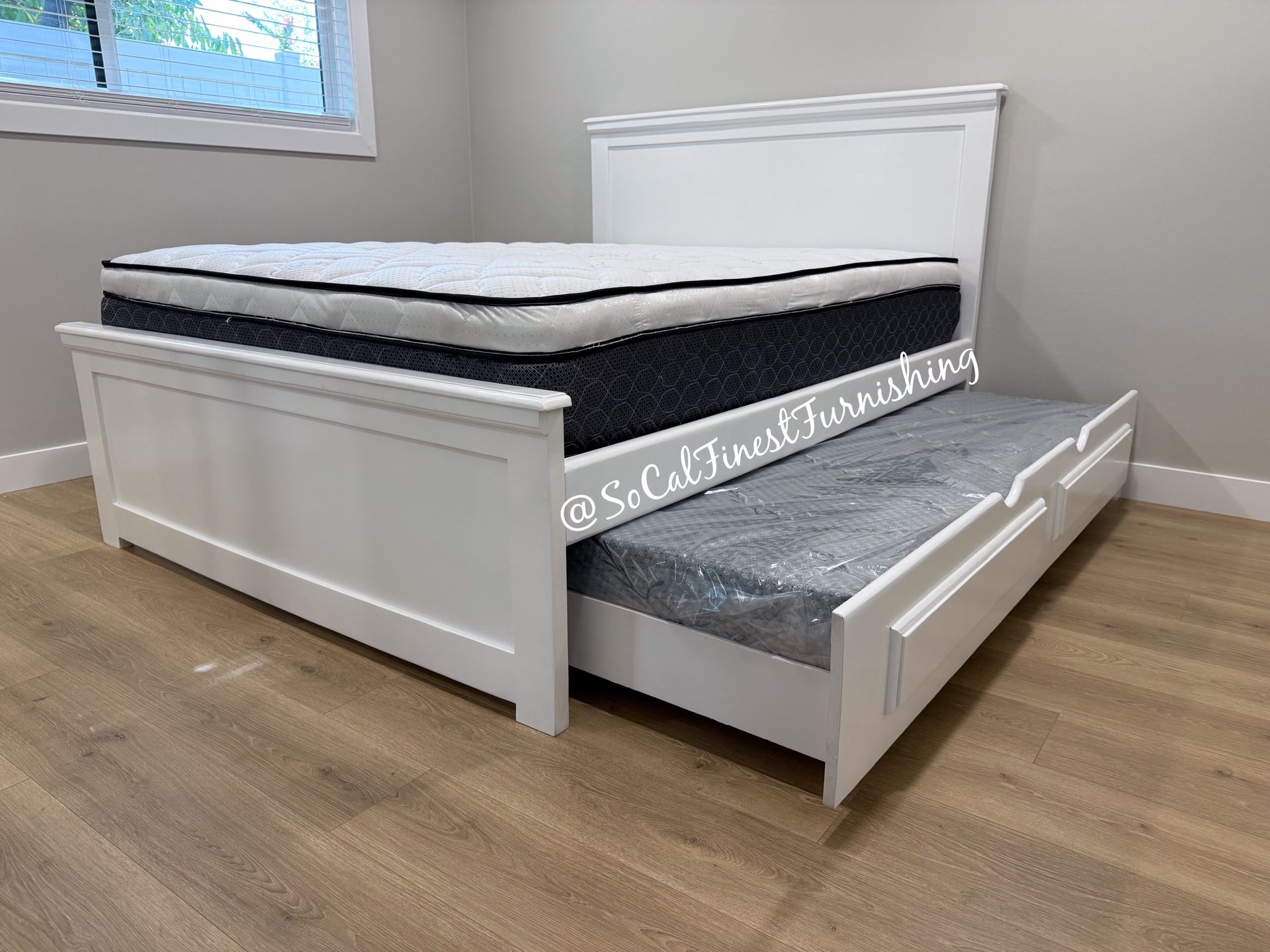 White Queen Bed With Trundle And Mattresses