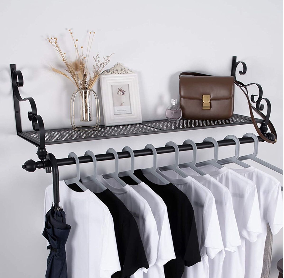 Storage Wrought Iron Coat Rack Shelf Wall Mounted