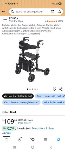 Rollator Walker for Seniors/Adults Foldable Rolling Walker with Seat 330 lbs Capacity 4 Big 8 inch Wheels Hand Grips Adjustable Height Lightweight Alu