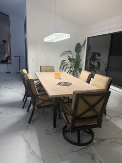 Title: Outdoor Stone Dining Table Set – 6 Chairs + Umbrella