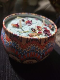 Handmade crystal and herb organic candle for healing