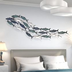 Large Metal School of Fish Wall Art Decor 59.0 x 16.5 Inches BlueWhiteGreen $79.50