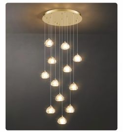 Long High Ceiling Foyer Chandelier: 12 Lights Gold Bubble Crystal Ball
